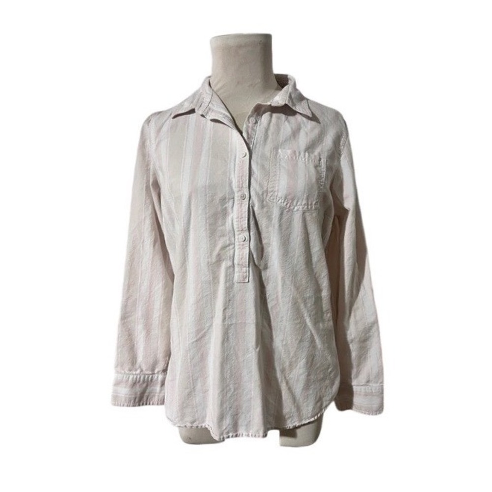 LL Bean Women's Pink Striped Cotton Popover Shirt Long Sleeve Medium Normcore